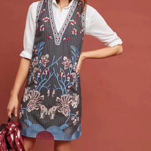 NWT Foxiedox Anthropologie Embroidered Pinstripe Folk Alpine Grey Boho Dress 8